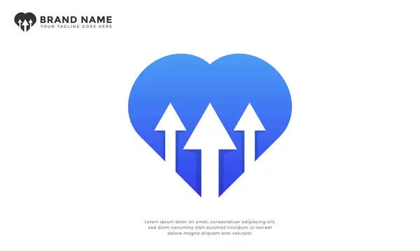 Kalp üç ok logosu. Modern logo, bir kalbi yukarı doğru üç okla birleştiriyor, tutkulu ilerlemeyi sembolize ediyor, yükseltme, sevgi dolu gelişme, içten ilerleme, büyüme ve ileri hareketi sembolize ediyor..