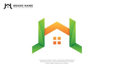 Modern çevre dostu ev logosu. Modern logo soyut çizgileri canlı yeşil ve turuncu ile birleştiriyor. Gayrimenkul, inşaat, sürdürülebilir yaşam, mülk veya ev ile ilgili işletmeler için ideal. Temiz, minimalist ve profesyonel tasarım..