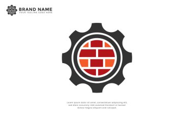 Tuğla amblemi. Modern logo teçhizatla tuğlayı birleştirdi. İnşaat, mühendislik ve üretim markaları için ideal.