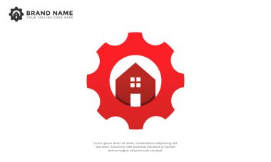 Vites ev logosu. Modern logo, evle birleşik vites. Bakımı ve verimliliği sembolize ediyor. Ev onarımı, akıllı ev ya da emlak hizmetleri için ideal.