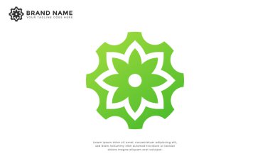 Çiçek çarkı logosu. Modern logo çiçekle vitesi birleştirir. Doğal ve mekanik hissi olan bir logoya ihtiyacı olan her şirket için mükemmel..