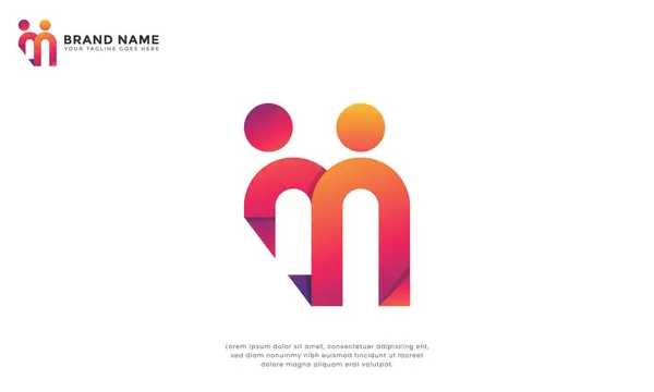 Modern Harf M İş Adamları. Modern logo, iki soyut insan figürünün birleşmeyi ve işbirliğini simgeleyen M şeklini tasvir ediyor. HR, toplum, sosyal veya ağ işletmeleri için ideal..