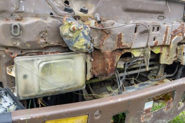Abandoned broken trucks in the middle of nature covered in wild bushes close up