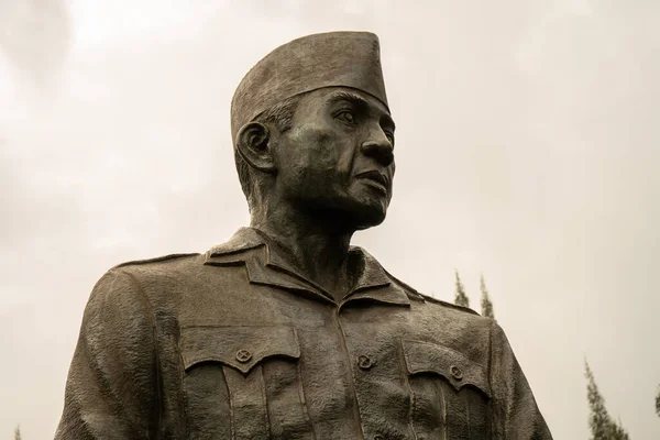 stock image A statue of soekarno, first indonesian president stands by a tree near a memorial monument.