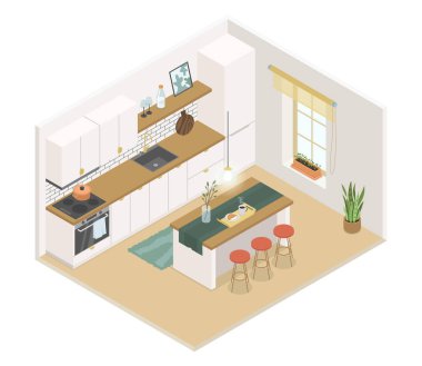 Breakfast in the kitchen - modern vector colorful isometric illustration. Hot coffee and croissant on the table, cooking at home. Stove, bar table and chairs, saucepan, refrigerator. Cozy room idea