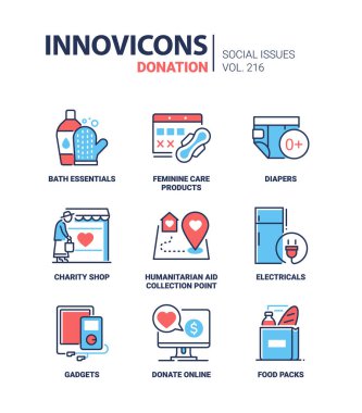 Help from donations - line design style icons set. Bath essentials and diapers, feminine care products, charity shop, food packs and online help, gadgets and electricals. Care for other people idea