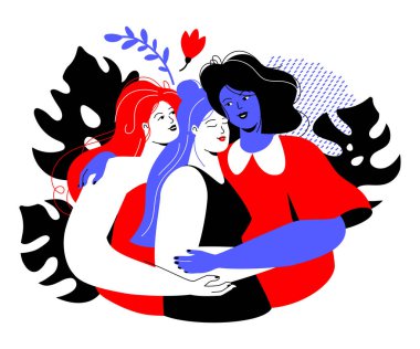 Female friendship - colorful flat design style illustration with linear elements. Red and blue colored composition with three girls hug and support each other. Healthy relationships and care idea