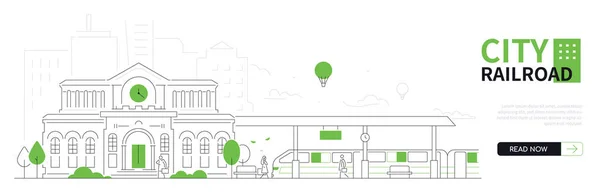 城市铁路细线设计风格矢量网页横幅与复制空间的文字 铁路车站 旅客组成齐全 城市景观 旅游理念 — 图库矢量图片