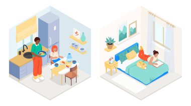 Kitchen and bedroom - flat design style illustration set. High quality colorful images of two rooms in which the family has breakfast and does routine business. Bed, table, stove, refrigerator