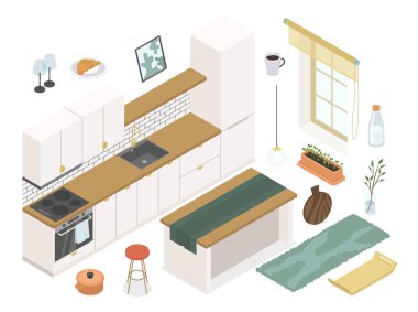 White kitchen furniture - modern vector colorful isometric illustrations set. Stove, refrigerator, sink, bar counter, lockers and storage system, table, carpet, coffee, window and cozy room idea