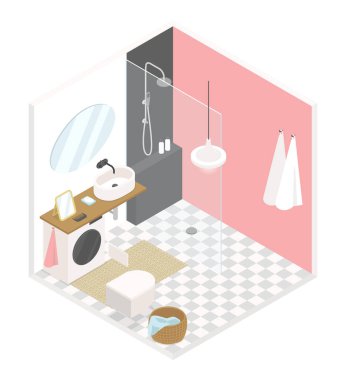 Bathroom for a girl - modern vector colorful isometric illustration. Pink walls, tile, shower, sink and toilet. Washing machine, white terry towels. Interior design for a stylish apartment idea