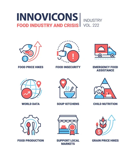 Food insecurity and production - line design style icons set. Price hikes, emergency assistance and goods supply, world data, soup kitchens, nutrition and local markets support, grain and charity