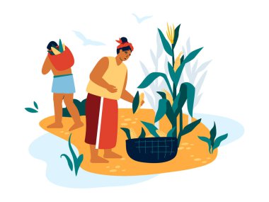 Harvest by peasants - modern colored vector illustration on white background with woman picking corn from a bush and man who carries fruits in a basket. Farming, tribe people, ethnic culture