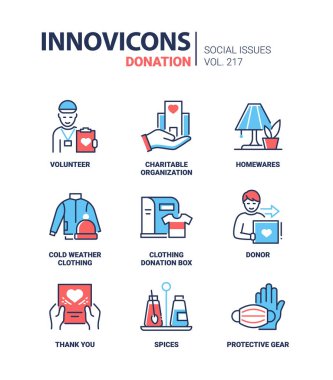 Volunteering and donation - line design style icons set. Charitable organization, homewares, cold weather clothing, donor, thank you card, protective gear, spices. Helping to people in need idea