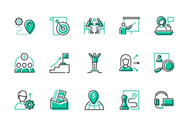 Business and management - modern line design style icons set. Career ladder, personal development, goal achievement ideas. Meeting, seminar, conference, team, motivation, promotion, recruitment clipart