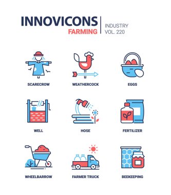 Çiftçilik ve kır hayatı - çizgi tasarım simgeleri belirlendi. Korkuluk, rüzgar gülü, yumurta sepeti, kova, sulama hortumu, gübre, el arabası, tahıl torbası kamyonu ve arıcılık.
