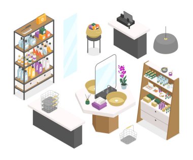 Beauty shop - modern vector colorful isometric object set. High quality items, store interior elements, cosmetics, body and skin care products, counter, baskets. Wellness and selfcare space idea