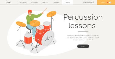 Percussion lesson for a drummer- modern isometric web banner on white background with copy space for text. A header with musician sitting behind a drum set with kick, tom and cymbals. Hobby idea
