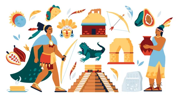 Vida Maya India Conjunto Ilustración Estilo Diseño Plano Imágenes Coloridas Gráficos Vectoriales