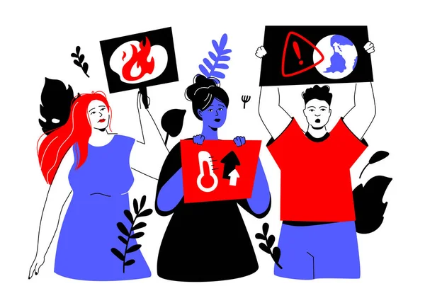 生态积极分子抗议 彩色平面设计风格与线性元素的例证 红色和蓝色的组成与国际上的人 关心全球变暖 生态问题 免版税图库插图