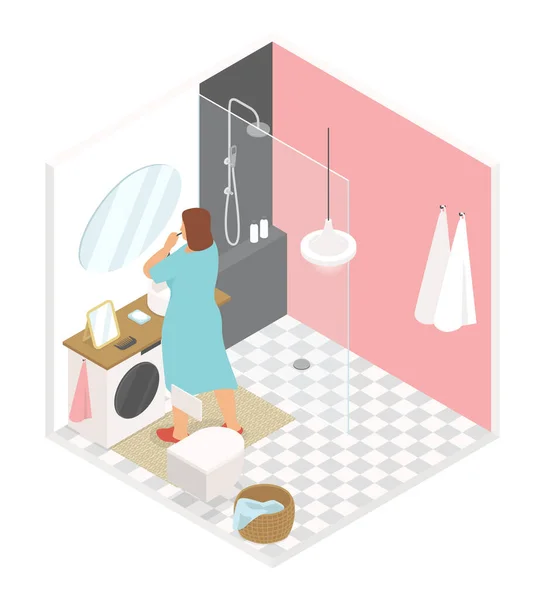 Zähneputzen Badezimmer Vektor Bunte Isometrische Illustration Eine Frau Die Hause — Stockvektor