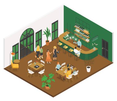 Cozy cafe - modern colorful vector isometric illustration. High quality composition of a restaurant interior, guests at the tables, bar with drinks. Friends and families. Leisure and entertainment