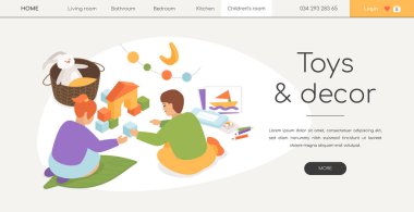 Children toys and decor - modern isometric web banner on white background with copy space for text. A header with boy and a girl playing with blocks, drawing with pencils. Happy childhood idea