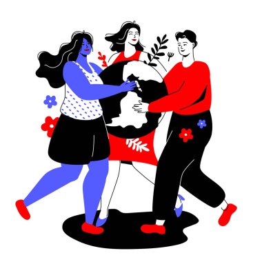 Dünyayı daha iyi rengarenk düz dizayn tarzında doğrusal elementlerle değiştirelim. Uluslararası insanların dünyayı bir arada tuttuğu kırmızı ve mavi kompozisyon. Birlik fikri