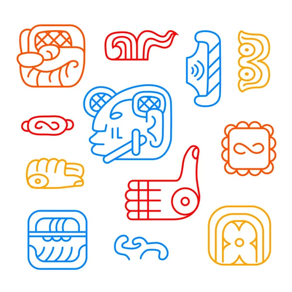 Племенные Знаки Майя Красочный Набор Рисунков Стиле Линии Редактируемым Штрихом — стоковый вектор