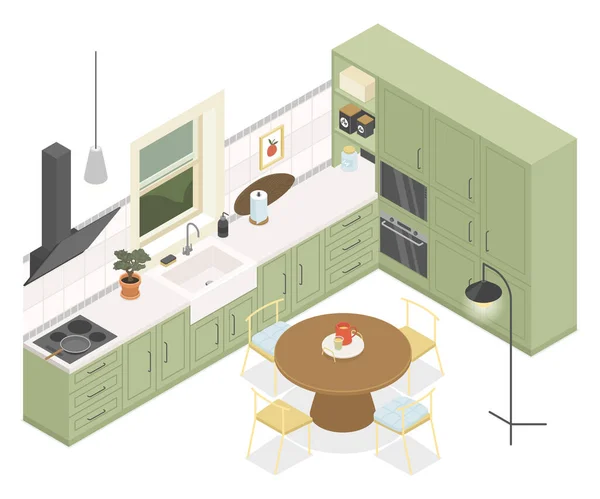 装備キッチン 現代ベクトルカラフルなアイソメトリックイラスト 緑のキャビネットや棚 家族のための椅子付きの丸いダイニングテーブル 気候制御 抽出フード シンク ウィンドウ 居心地の良いアパート — ストックベクタ