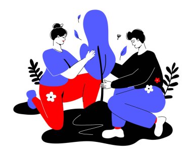 Bitki ağaçları - doğrusal elementlerle renklendirilmiş düz tasarım çizimi. Bölgeyi düzenlemekle meşgul olan kız ve adamla kırmızı ve mavi renkli kompozisyon. Çevreye önem vermek