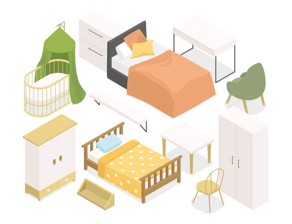 Kinderschlafzimmermöbel Moderne Vektor Bunte Isometrische Illustrationen Gesetzt Schrank Wiege Kleines Stockvektor
