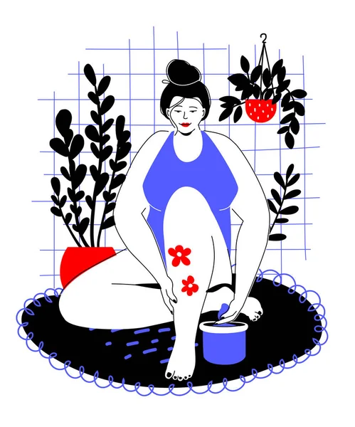 用线性元素擦拭脚彩色扁平设计风格的肌肤 红色和蓝色的组合 女人坐在浴室地板上 用奶油润肤真皮 免版税图库插图