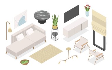 Beyaz mobilyalar - modern vektör renkli izometrik çizimler seti. Minimalist iç mekan, kanepe ve koltuk, TV, halı, kapalı mekan bitkileri, pencere ve tekstil. Ev tasarımı ve ev dekorasyonu fikri