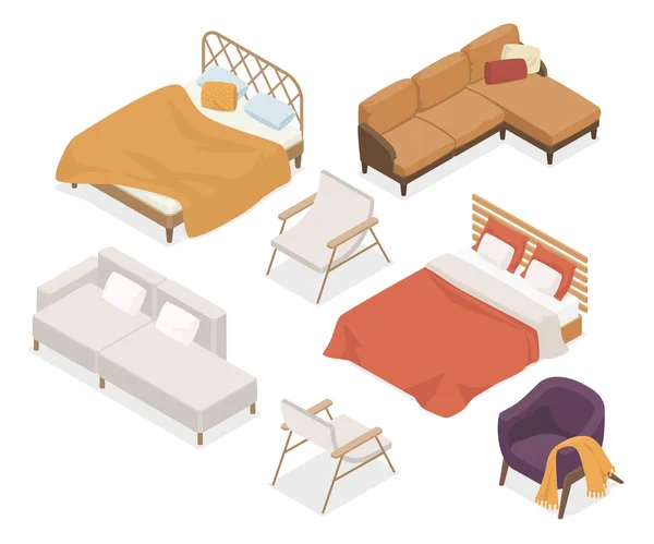 ベッド ソファ アームチェア 白い背景に隔離された現代的なベクトル等色の要素 座っているか横に別の家具のセット リラックスした快適な織物 家の装飾のアイデア — ストックベクタ