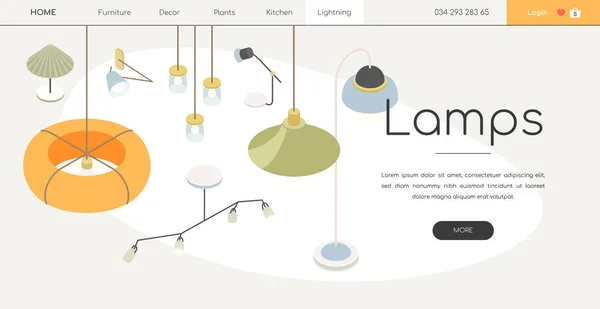 Designerlampor Och Fixturer Linje Design Stil Isometriska Web Banner Vit — Stock vektor
