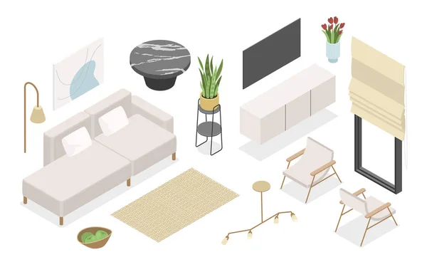 白色家具 现代矢量彩色等距插图集 采购产品简约的内部 沙发和扶手椅 室内植物 窗户和纺织品 室内设计和室内装饰理念 图库矢量图片
