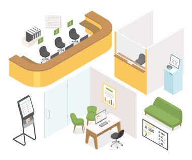 Banka içi - modern vektör izometrik nesne beyaz zemin üzerinde izole edildi. Yüksek kaliteli eşyalar. İşyeri elemanları, para makinesi, danışma yerleri, sandalyeler, masalar. Mali yönetim