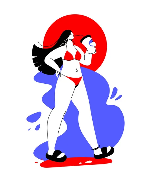 日光浴上的度假五彩斑斓的平面设计风格与线性元素的说明 红色和蓝色的图片 穿着泳衣的女孩在日落的背景下喝鸡尾酒 矢量图形