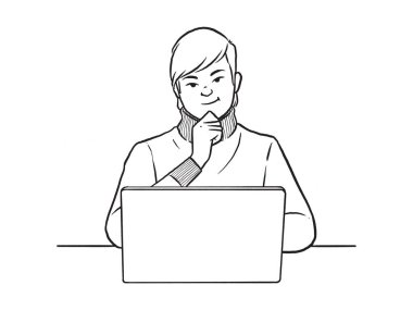 Bilgisayarın önünde oturan adam işi düşünüyor, karalama tarzı karalama tarzı çizimler yapıyor..