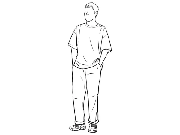 Hombre Pie Con Las Manos Los Pantalones Línea Bolsillo Dibujo — Vector de stock