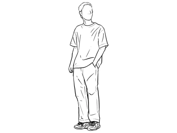 Mężczyzna Stojący Rękami Kieszeni Spodni Rysunek Wektora Minimalistyczna Ilustracja Konturu — Wektor stockowy