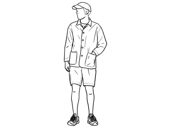 Seorang Pria Berdiri Dengan Tangan Celana Garis Vektor Garis Vektor - Stok Vektor
