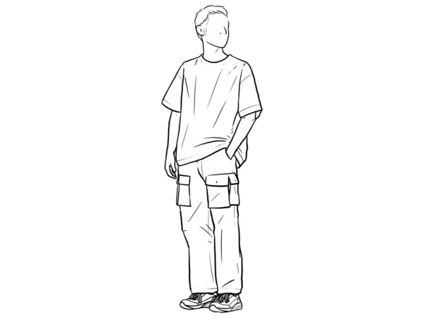 Uomo Piedi Con Mani Nei Pantaloni Linea Vettoriale Disegno Tascabile — Vettoriale Stock