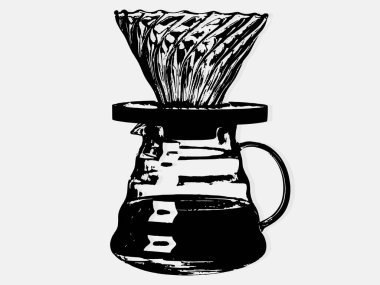 Pour over brewer el çizim vektörünün beyaz arkaplanda izole edilmiş siyah beyaz çizim çizimi.