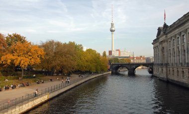 Berlin, Germany: View of Berlin and the Spree River taken from the North Monbijou Bridge with Monbijou Park (left) and the Bode-Museum (right). clipart