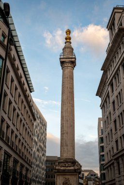 Londra, İngiltere: Büyük Londra Yangını Anıtı ya da kısaca The Monument, Londra 'da bulunan bir Doric sütunudur. Anıt Christopher Wren tarafından tasarlandı. Akşam manzarası.