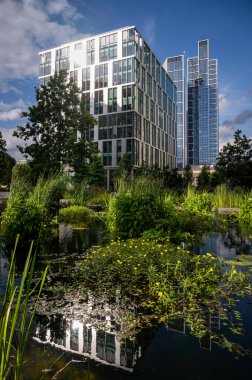 Nine Elms, Londra, İngiltere: Londra 'daki ABD büyükelçiliğine yakın elçilik bahçeleri. Su tesisleri ve 9 Elm 'in yeni binalarıyla dolu bir gölet..