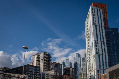 Nine Elms, London, UK: Nine Elms, London, London, Nine Elms Point 'teki Haydn Tower (sağda) ve One Nine Elms Development (ortada)' daki (ortada) uzun binalar. Bir sürü kopyalama alanı.