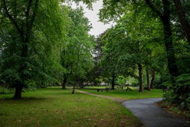 St John 's Wood, Londra, İngiltere: St John' s Wood Church Gardens, Londra 'da halka açık bir park. Çimlerin ve ağaçların manzarası.